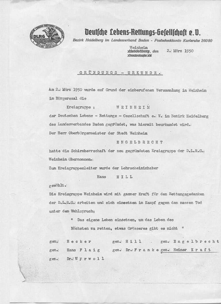 Gründungsurkunde DLRG Weinheim