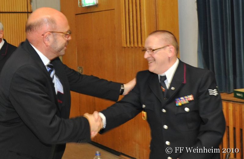 Heiner Bernhard gratuliert zur Wiederwahl Wolfgang Eberle als stev. Kommandant der Feuerwehr Weinheim