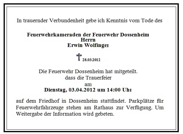 Todesanzeige der Feuerwehr Dossenheim für Erwin Wolfinger