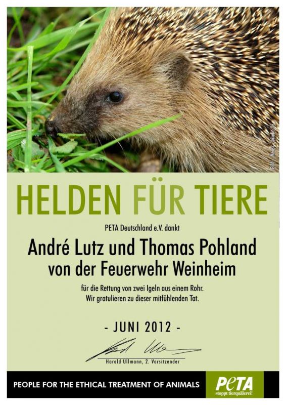 Peta zeichnet Feuerwehr Weinheim aus